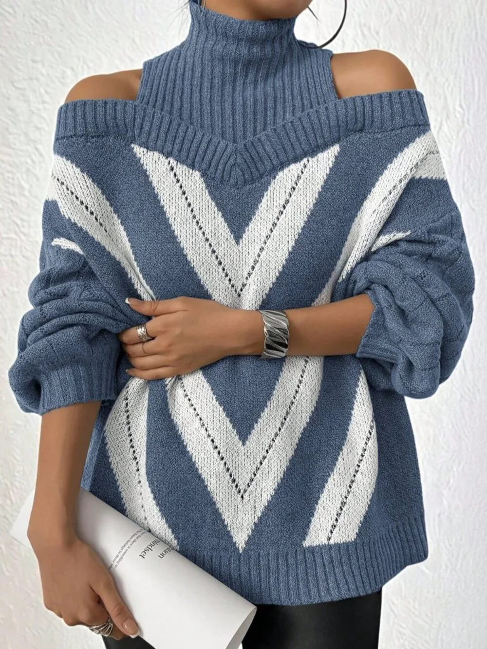 Blue Casual Women's Plus Size Open Shoulder High Collar Cable Knit Sweater